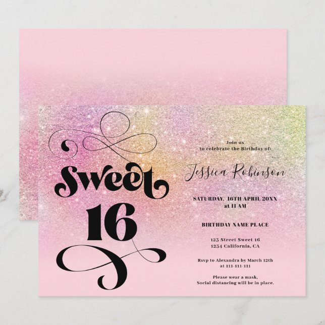 Rainbow glitter ombre chic girly rosa Sweet 16 Inbjudningar (Fram/baksida)