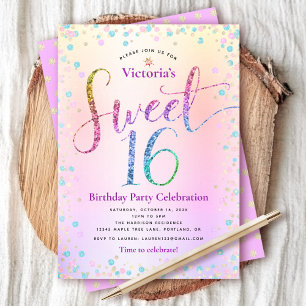 Rainbow Glitter Ombre Script Sweet 16 Birthday Inbjudningar