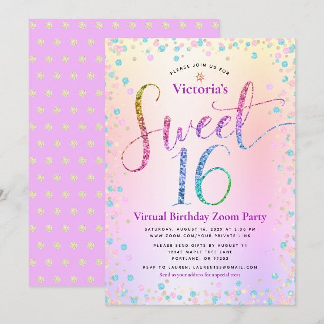 Rainbow Glitter Ombre Virtuell Sweet 16 Birthday Inbjudningar (Fram/baksida)