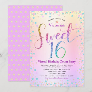 Rainbow Glitter Ombre Virtuell Sweet 16 Birthday Inbjudningar