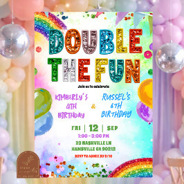 Rainbow Glitter Sequin Sibling Birthday Invitation Inbjudningar
