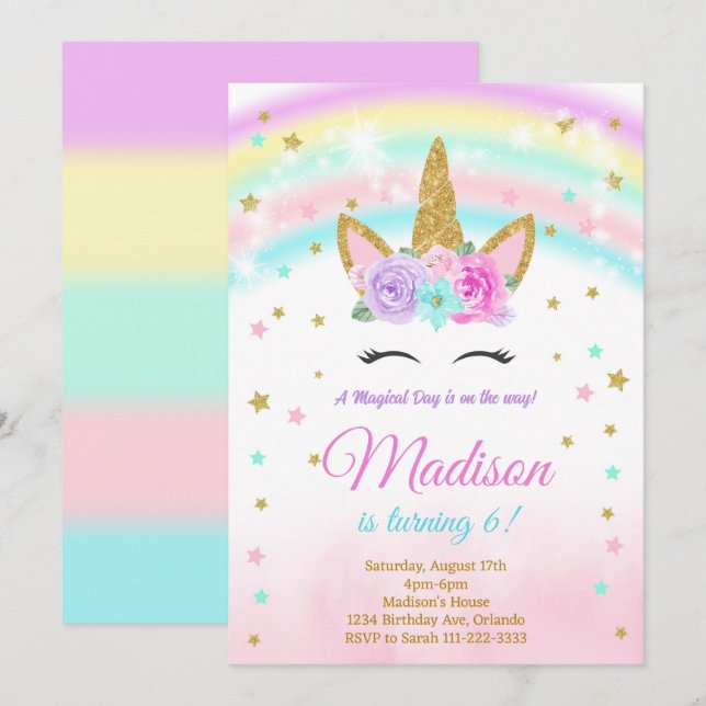 Rainbow Glitter Stars Unicorn Birthday-inbjudan Inbjudningar (Fram/baksida)