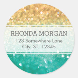 Rainbow Glitter Stickers - Teal, Guld Runt Klistermärke