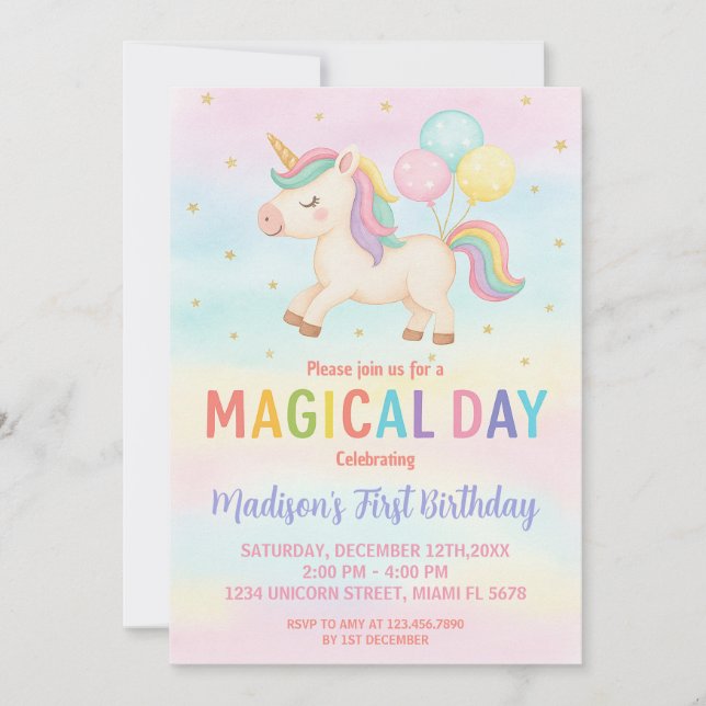 Rainbow Glitter Unicorn Birthday bjudande Inbjudningar (Framsida)