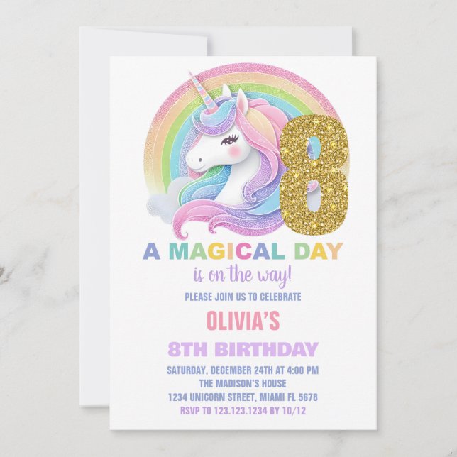 Rainbow Glitter Unicorn Birthday Bjuder Inbjudningar (Framsida)