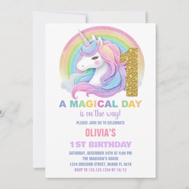 Rainbow Glitter Unicorn Birthday Bjuder Inbjudningar (Framsida)