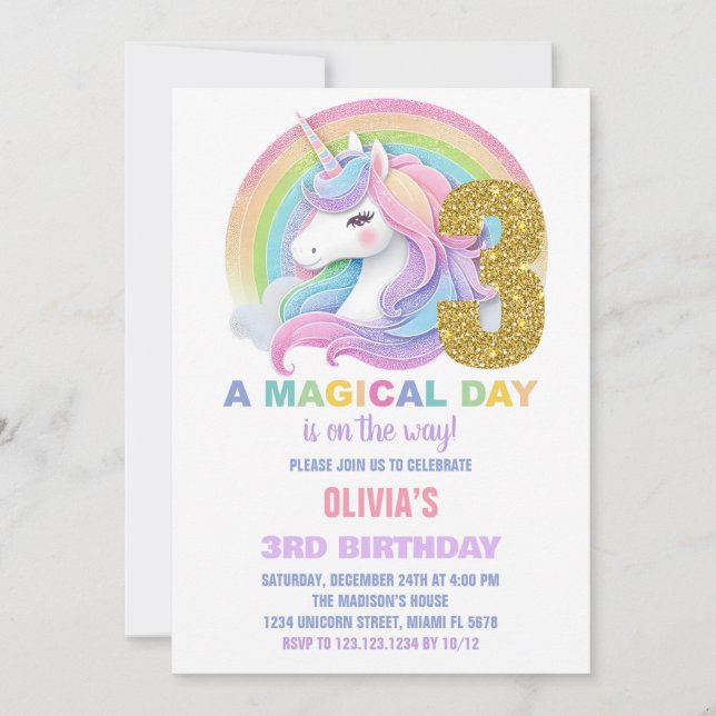 Rainbow Glitter Unicorn Birthday Bjuder Inbjudningar (Framsida)