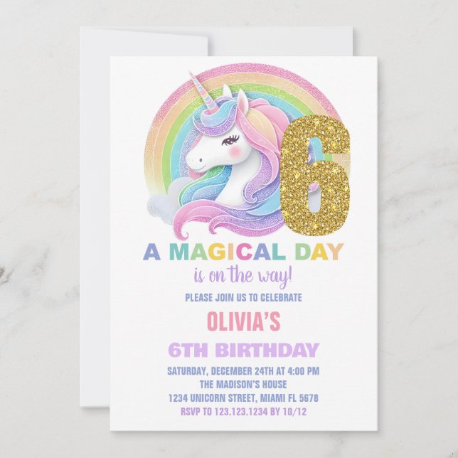 Rainbow Glitter Unicorn Birthday Bjuder Inbjudningar (Framsida)