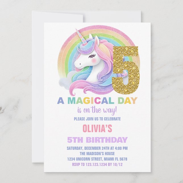 Rainbow Glitter Unicorn Birthday Bjuder Inbjudningar (Framsida)
