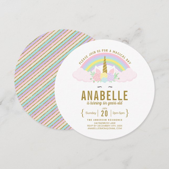 Rainbow Glitter Unicorn Födelsedagsfest inbjudan (Fram/baksida)