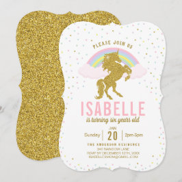 Rainbow Glitter Unicorn Födelsedagsfest inbjudan