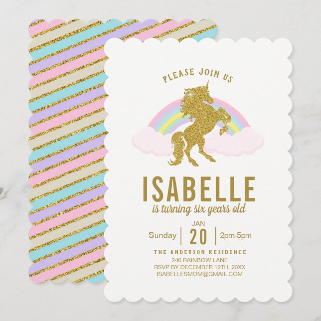 Rainbow Glitter Unicorn Födelsedagsfest inbjudan (Fram/baksida)