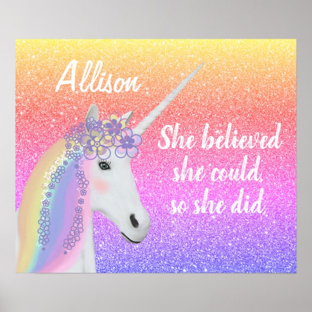 Rainbow Glitter Unicorn Girls Personlig Poster (Framsidan)