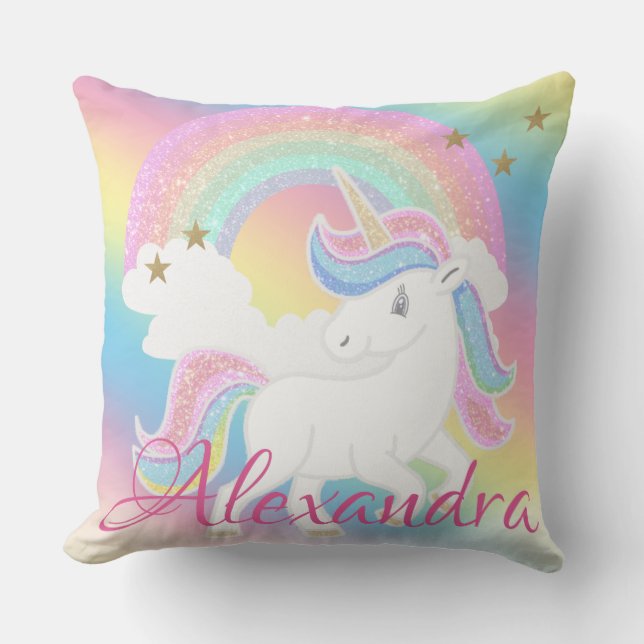 Rainbow Glitter Unicorn med eget namn Kudde (Framsida)