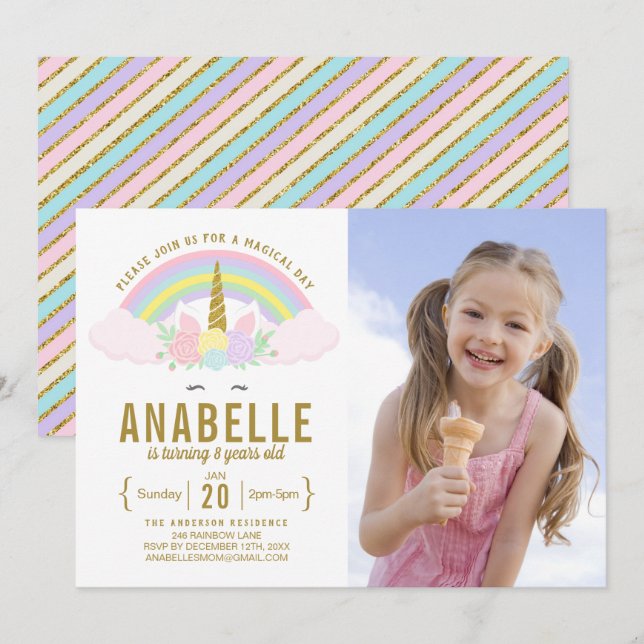 Rainbow Glitter Unicorn Photo Birthday-inbjudan Inbjudningar (Fram/baksida)