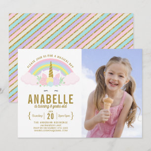 Rainbow Glitter Unicorn Photo Birthday-inbjudan Inbjudningar