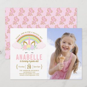 Rainbow Glitter Unicorn Photo Birthday-inbjudan Inbjudningar