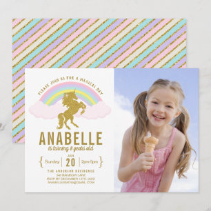 Rainbow Glitter Unicorn Photo Birthday-inbjudan Inbjudningar
