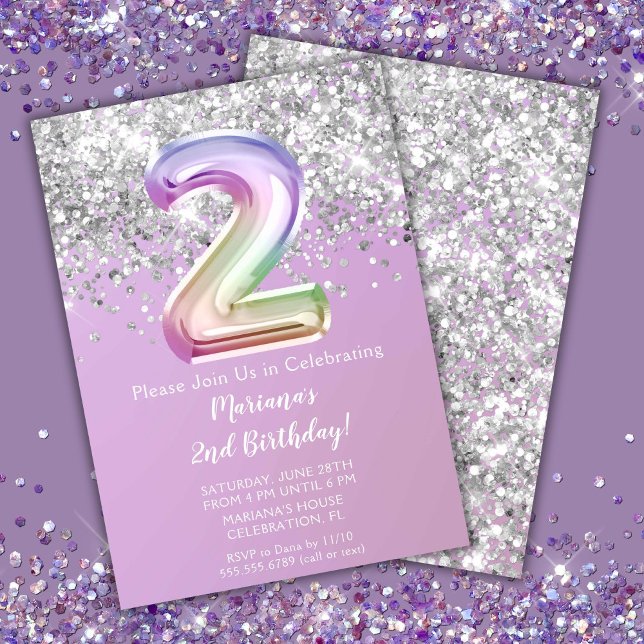Rainbow Gnistra Glitter Girl 2nd Birthday Party Inbjudningar (Skapare uppladdad)