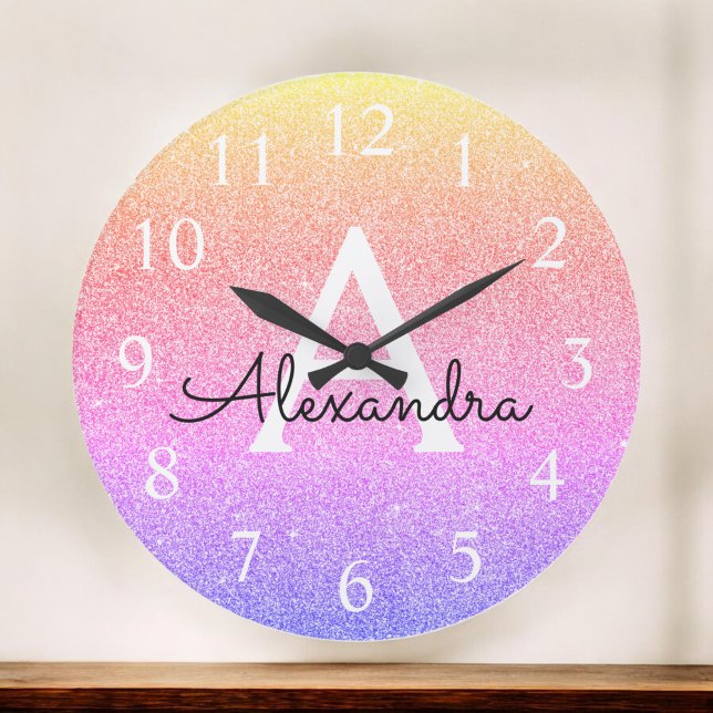 Rainbow Gnistra Glitter Monogram Namn Stor Klocka (Skapare uppladdad)