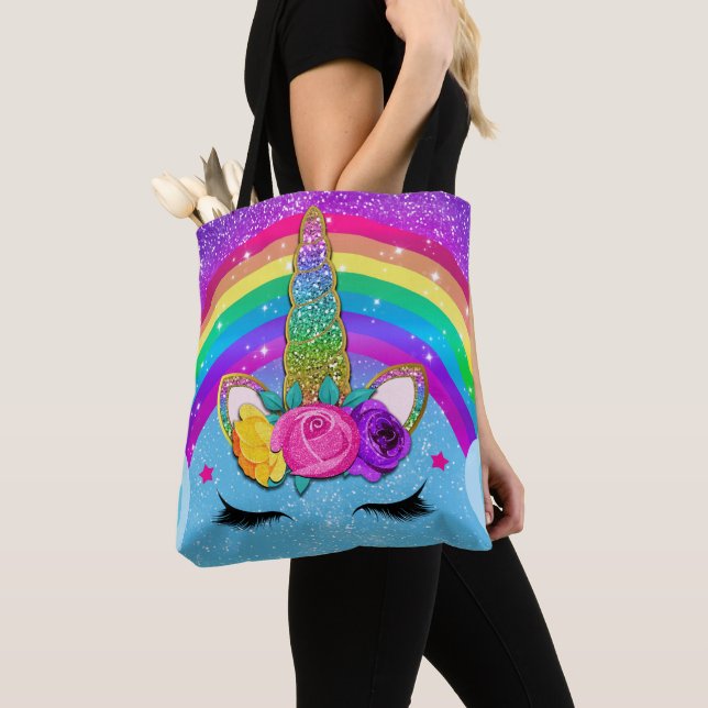Rainbow Gnistra Glittery Unicorn Horn Ansikte Girl Tygkasse (Närbild)