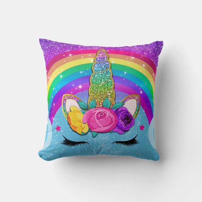 Rainbow Gnistra Glittery Unicorn Horn Ansikte Kudde (Framsida)