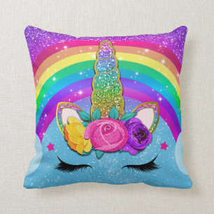 Rainbow Gnistra Glittery Unicorn Horn Ansikte Kudde