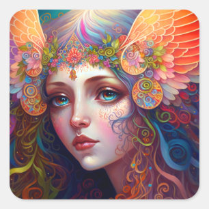 Rainbow Goddess Fantasy Art Square Sticker Fyrkantigt Klistermärke
