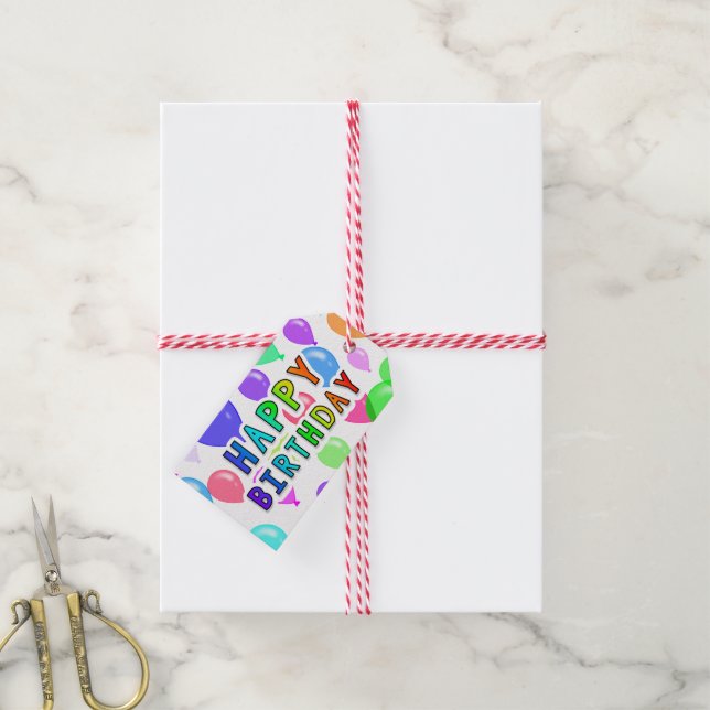 Rainbow Grattis på födelsedagen multifärgade ballo Presentetikett (Med Snöre)
