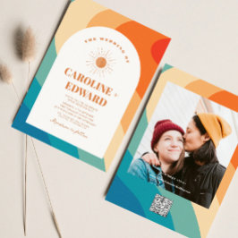 Rainbow Groovy Colorful Vågigt Boho Bröllop Qr-kod Inbjudningar
