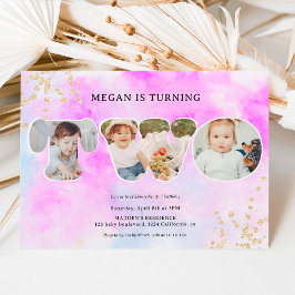 Rainbow guld glitter lila 3 foton Andra födelsedag Inbjudningar