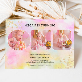 Rainbow guld glitter pastel 3 foton 1 födelsedag inbjudningar