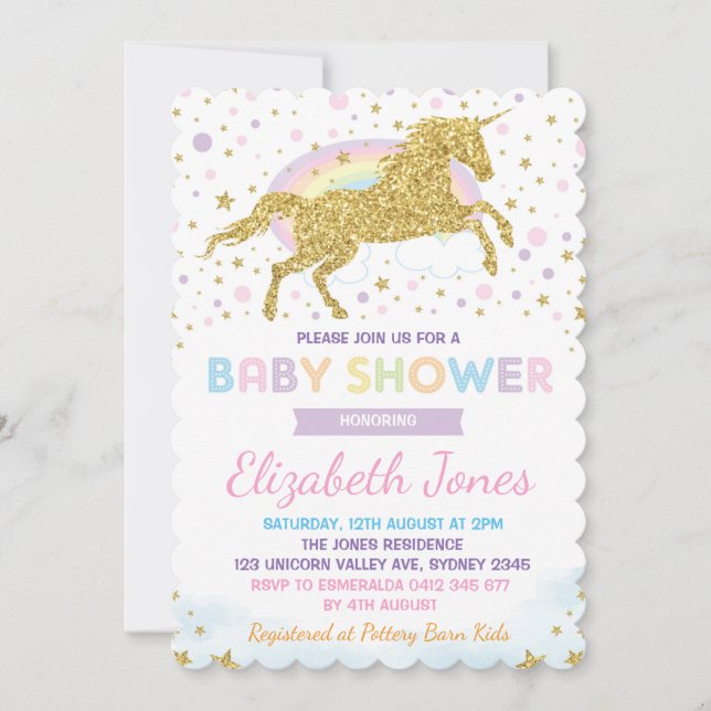 Rainbow Guld Unicorn/Magic Stars Baby Shower Inbjudningar (Framsida)