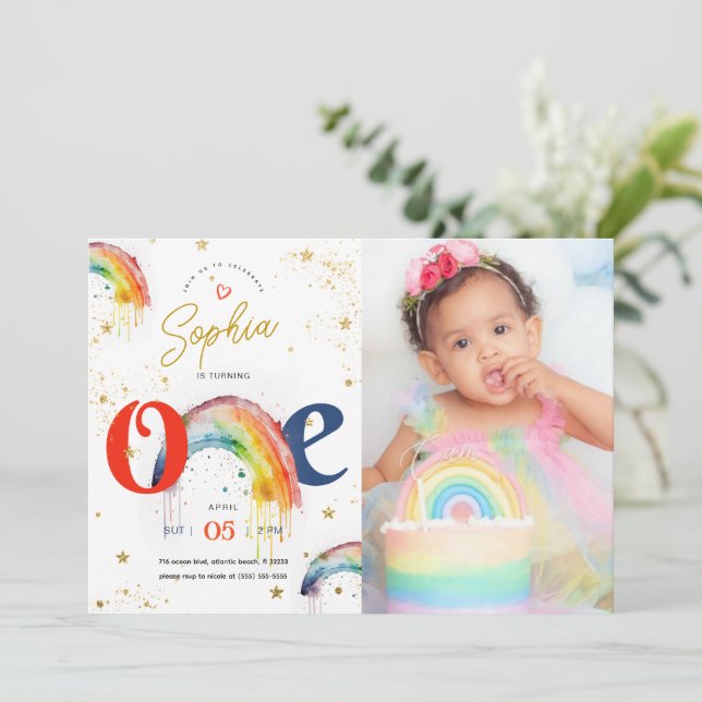 Rainbow Guld Watercolor 1:a födelsedagsinbjudan Inbjudningar (Stående Fram)