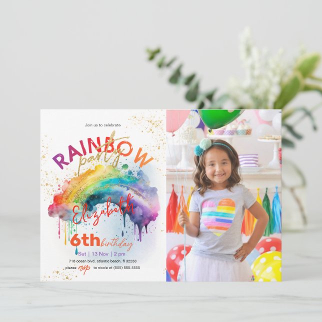 Rainbow Guld Watercolor Photo Birthday-inbjudan Inbjudningar (Stående Fram)