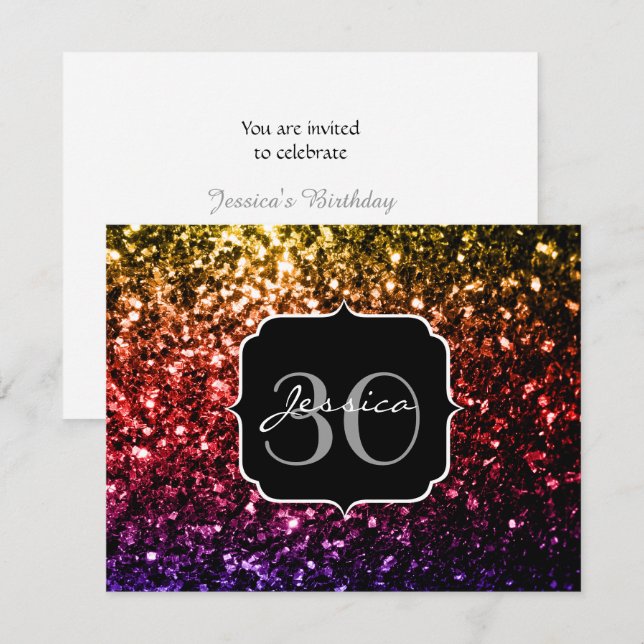 Rainbow gult red lila faux sparkles Monogram Inbjudningar (Fram/baksida)