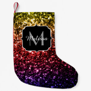Rainbow gult red lila faux sparkles Monogram Liten Julstrumpa