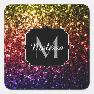 Rainbow gult red lila sparkles Monogram Fyrkantigt Klistermärke