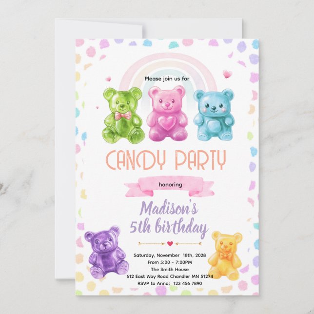 Rainbow Gummy Bear candy Invitation Inbjudningar (Framsida)