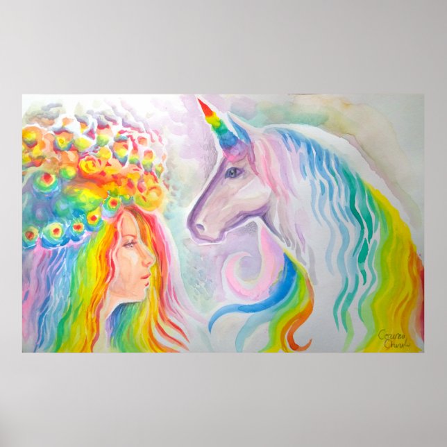 Rainbow haired girl and unicorn poster (Framsidan)