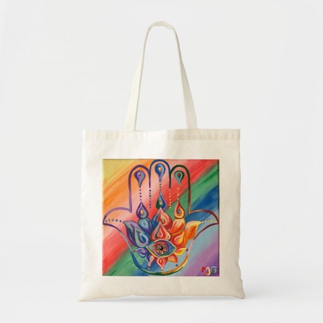 Rainbow Hamsa Tote Bag Tygkasse (Framsidan)