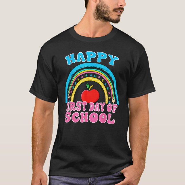 Rainbow Happy First Day Of School Teacher Kid Back T Shirt (Framsida)