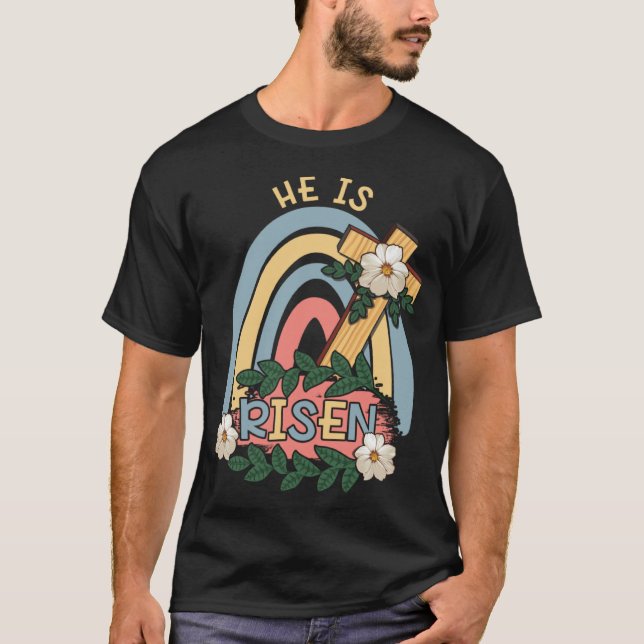 Rainbow He Risen Religous Easter Sunday Christ Cro T Shirt (Framsida)