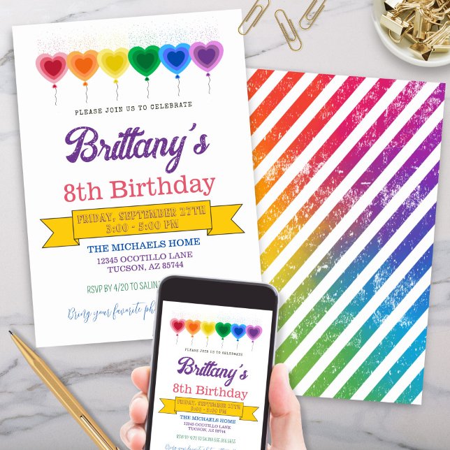 Rainbow Heart Balloons Girly Födelsedagsfest Inbjudningar (Fun rainbow colored heart shaped balloons birthday party invitation for birthday celebration)