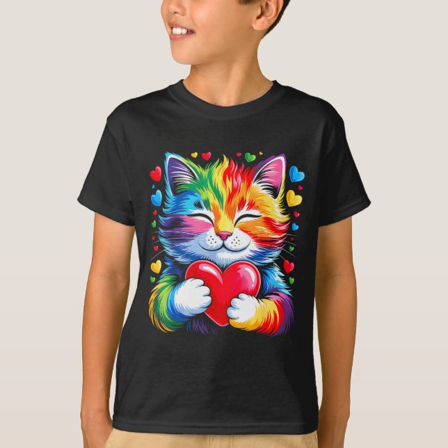 Rainbow Heart Cat, Cute Valentine Day For Kids Boy T Shirt (Framsida)