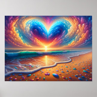 Rainbow Heart Cloud Över Beach Poster