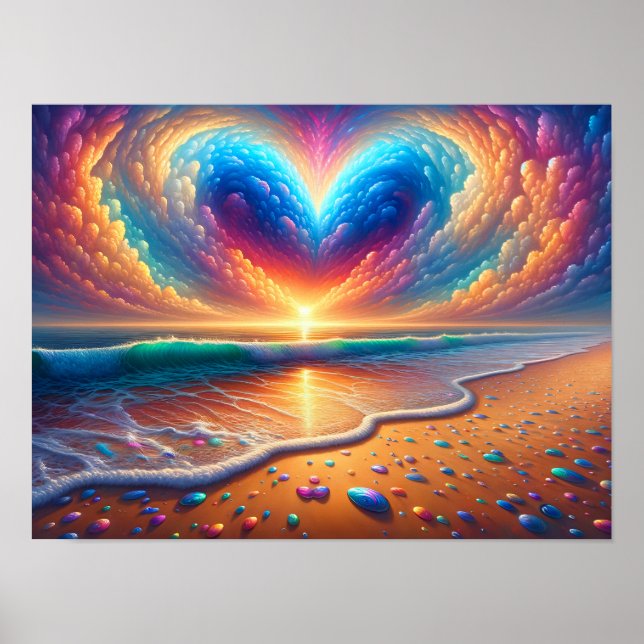 Rainbow Heart Cloud Över Beach Poster (Framsidan)