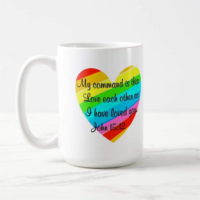 RAINBOW HEART JOHN 15:12 DESIGN KAFFEMUGG (Vänster)