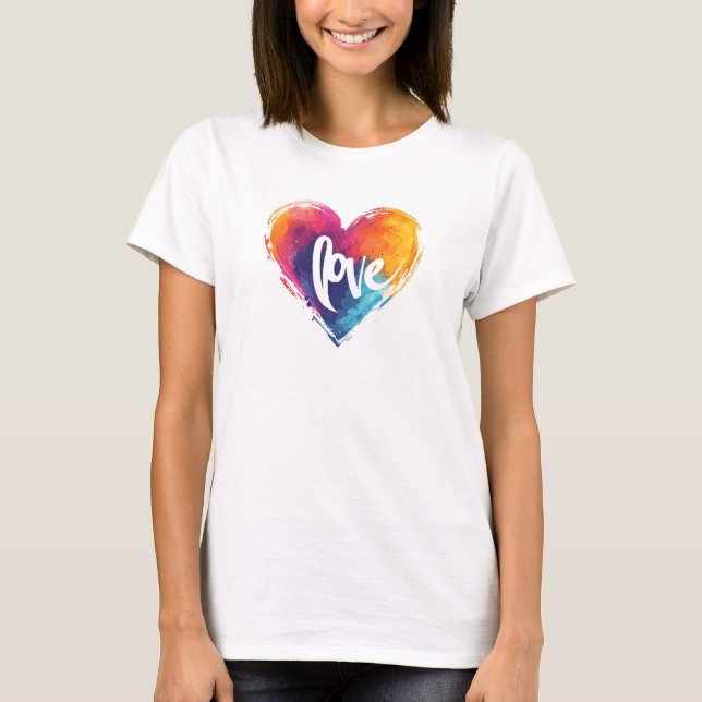 Rainbow Heart Kärlek Slogan T Shirt (Framsida)