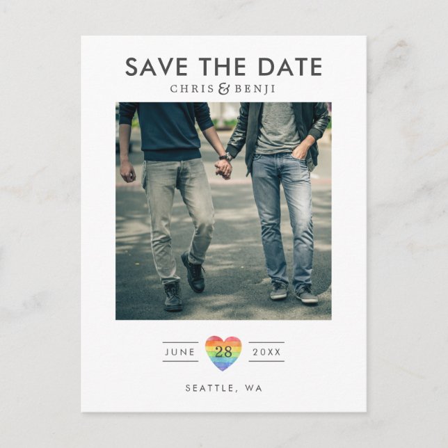 Rainbow Heart LGBTQ Spara datumet med foto Vykort (Framsida)